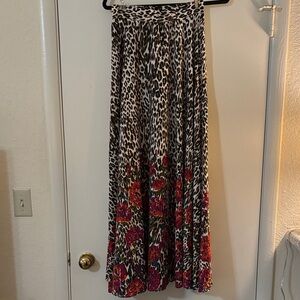 Leopard Print Maxi Skirt with Red Floral Accents